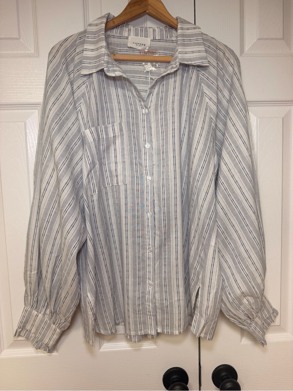 NWT Andrée by Unit Blue & White Striped Button-Up Blouse Coastal Grandma Cotton